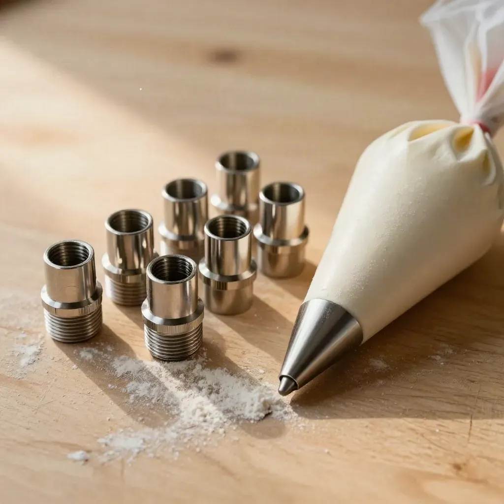 Stainless piping nozzles and a folded piping bag on pale wood with a faint pink frosting tint