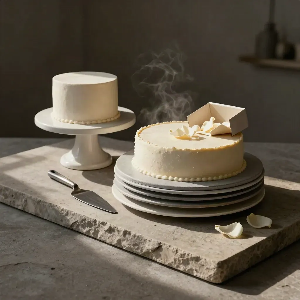 Wedding cake dummy, cake boards, and spatula on a stone slab with petals