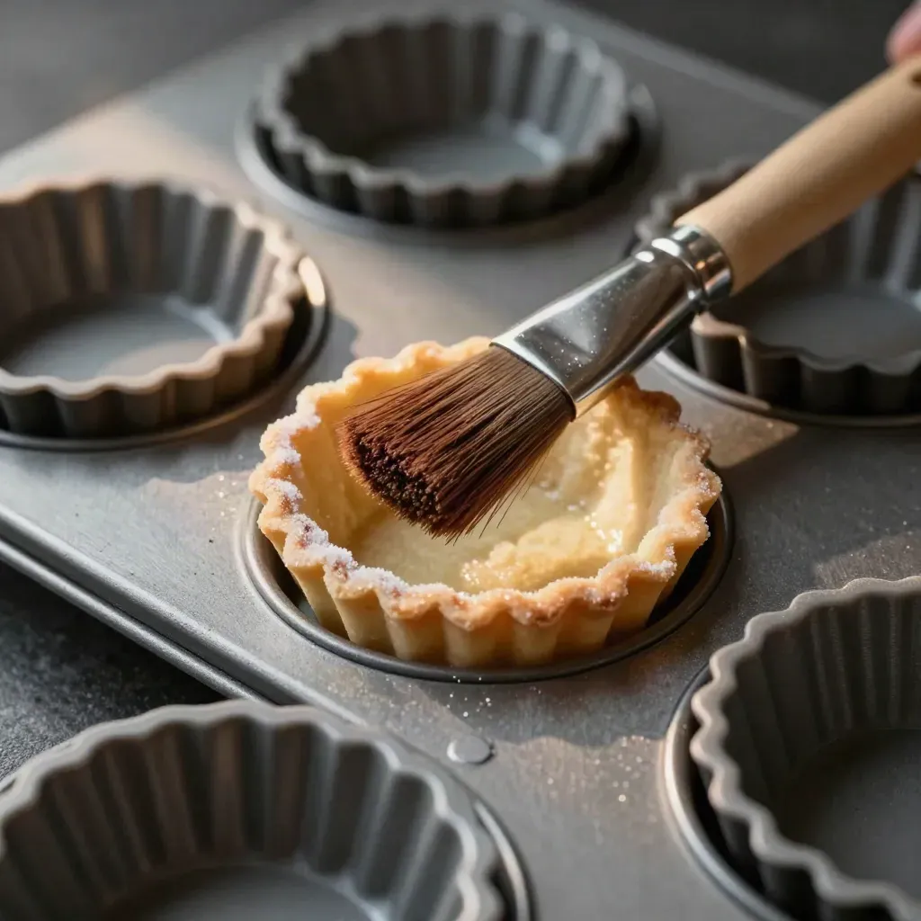 Top-down tart molds, pastry brush, and sugar-dusted tart shell on brushed metal.