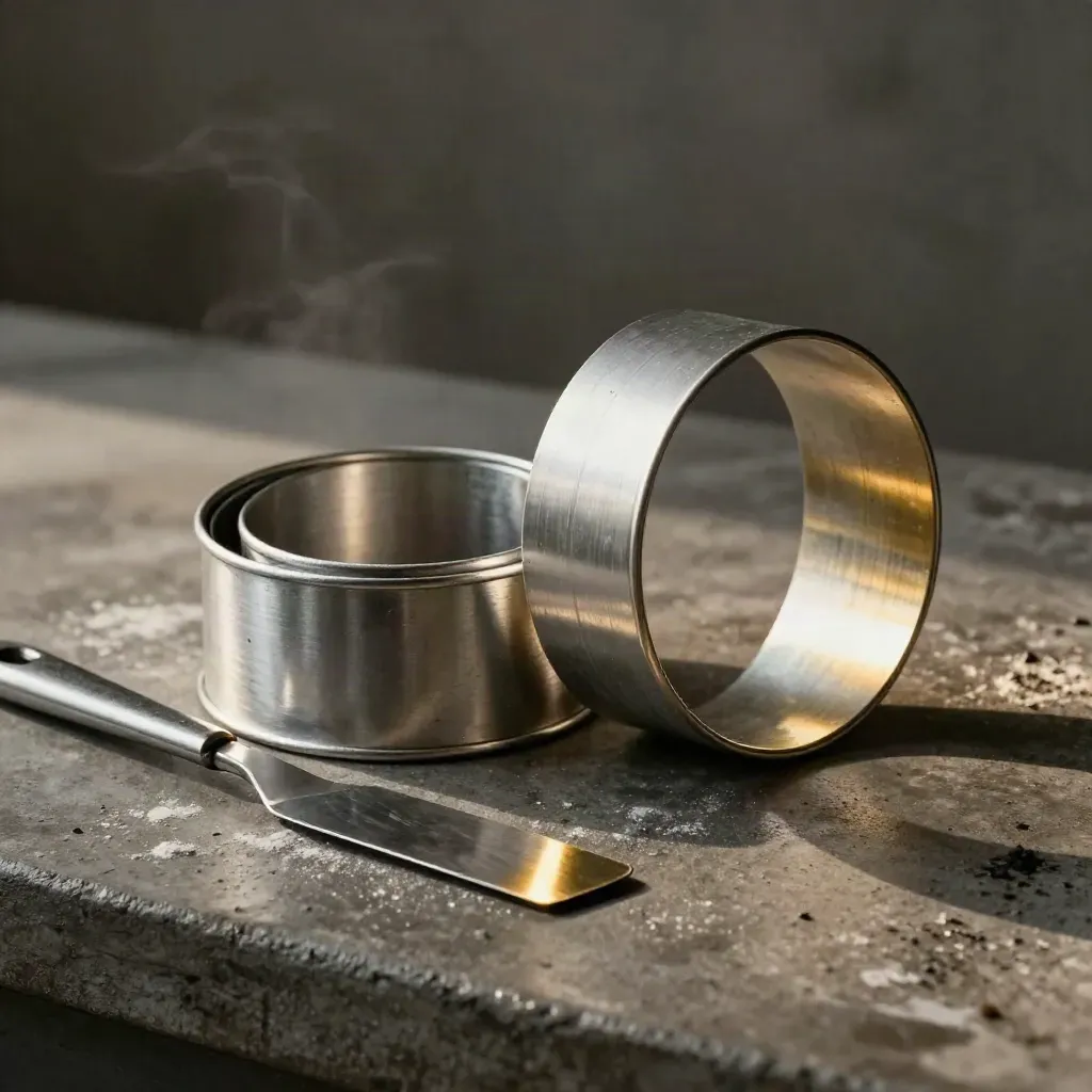 Aluminum cake rings, acetate collar, and bench scraper on dark concrete with steam and gold light.