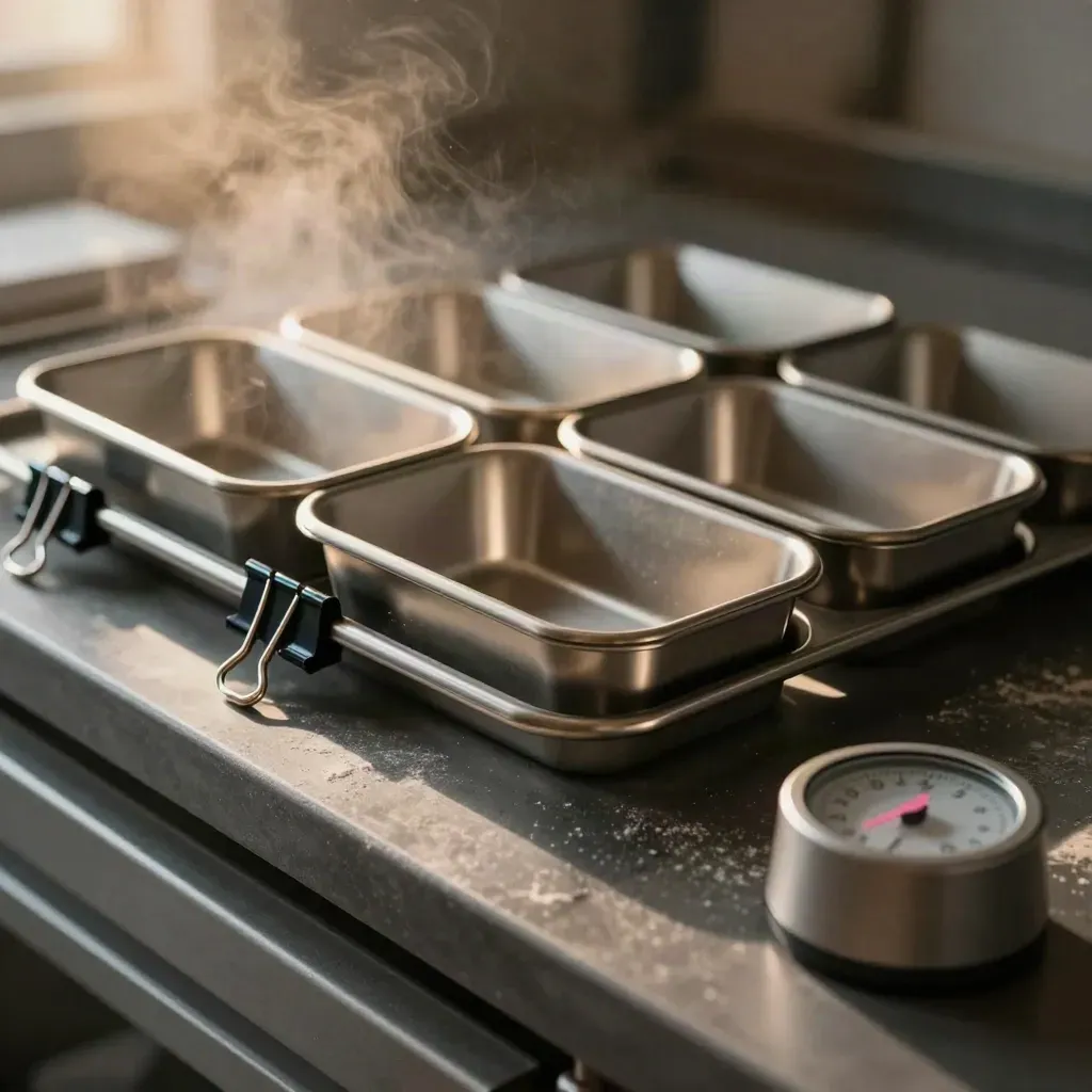 Stainless cake tins, binder clips, and a timer dial on a graphite bakery shelf.