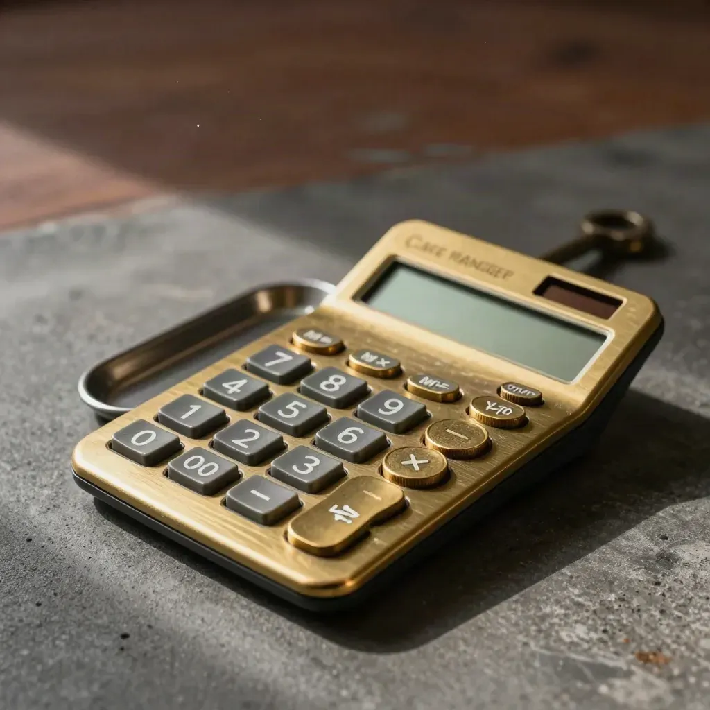 Brass calculator, metal cash tray, and round tokens on a dramatic studio surface.
