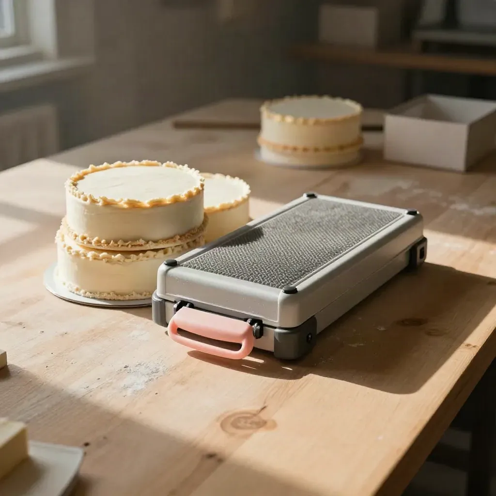 Cake carrier, stacked drums, and mat on pale wood in dramatic studio light.
