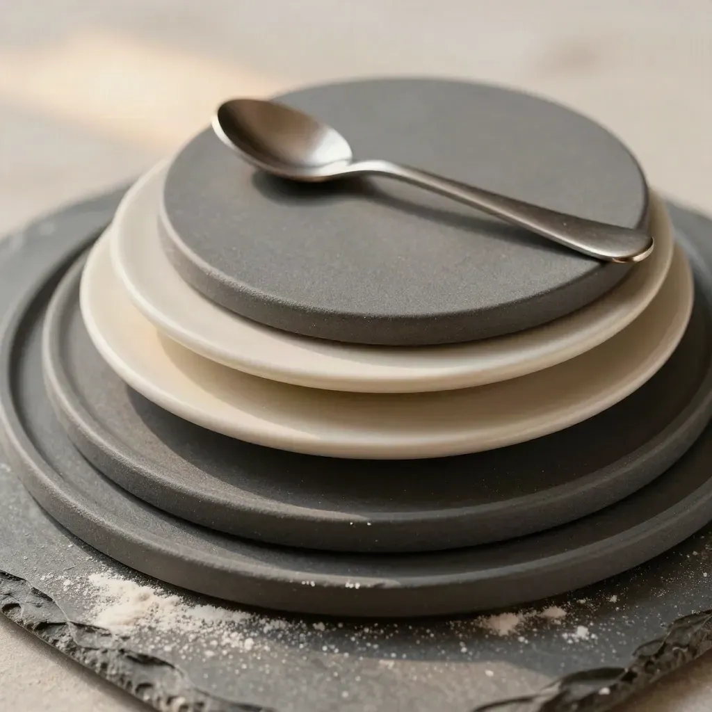Nesting cake boards, porcelain sample plate, and flavor spoons on a graphite surface.
