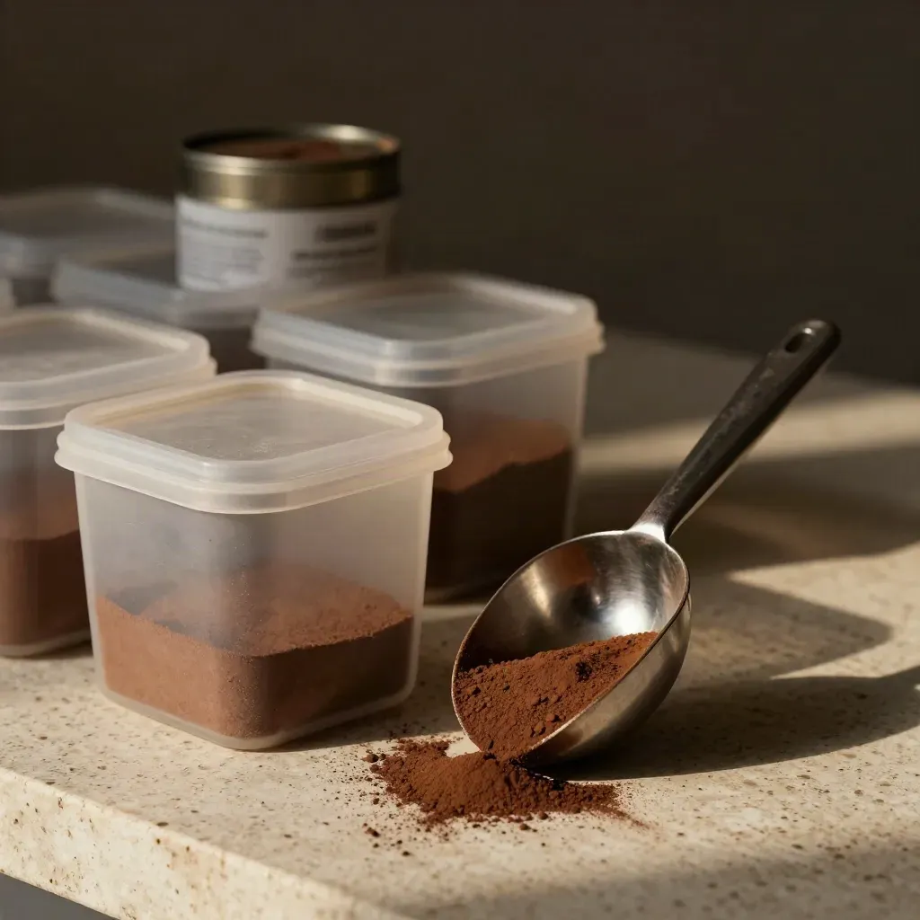 Cocoa bins and a steel scoop on travertine, dust suspended in warm shadow