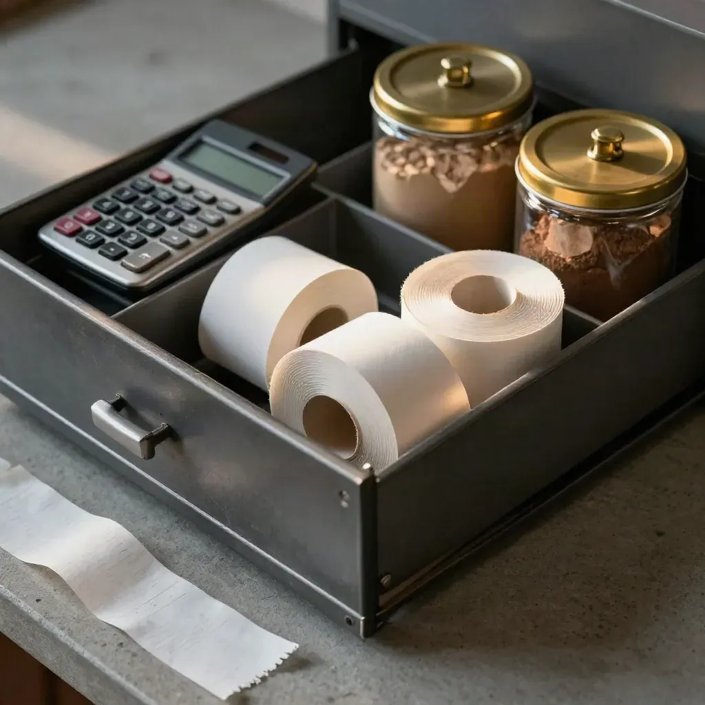 Cash drawer insert, calculator, receipt rolls, and ingredient canisters on a bakery counter.