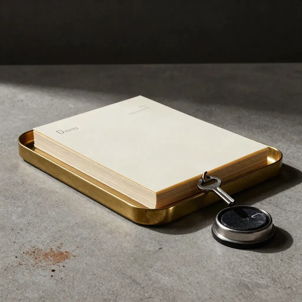 Brass receipt tray, closed invoice pad, and stamp pad on concrete in dramatic studio light.