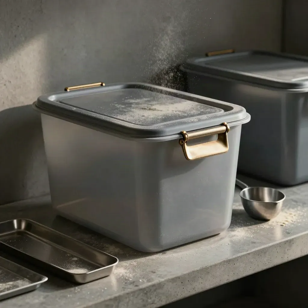 Nearly empty ingredient bin with scoop and storage tray on a concrete shelf