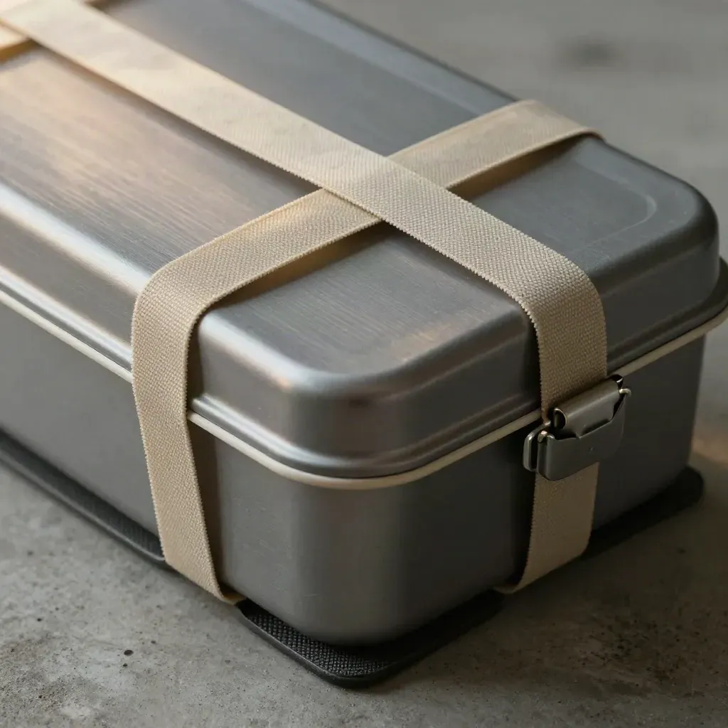 Macro still life of a strapped insulated cake carrier on a mat, lit in cool misty haze.
