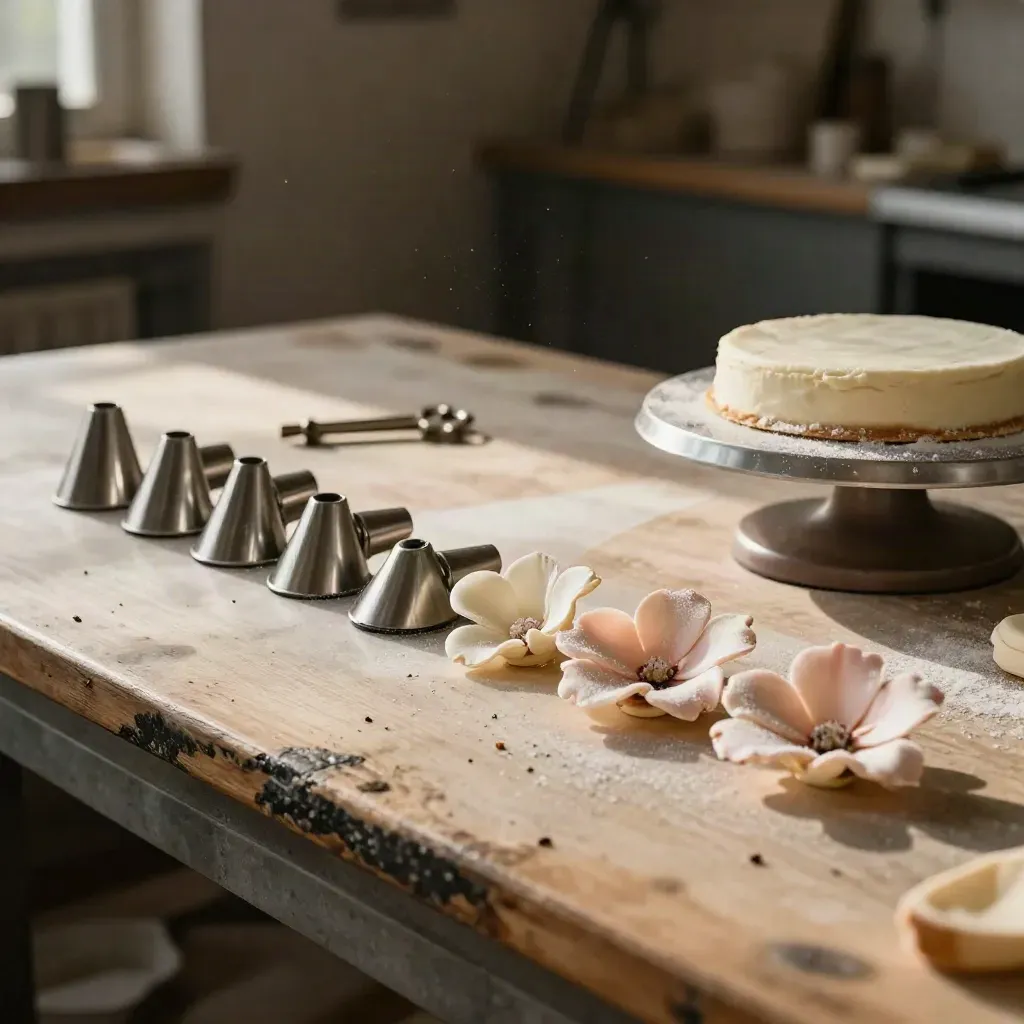 Cake decorator tools and sugar petals on a workbench, shot through blurred acetate.