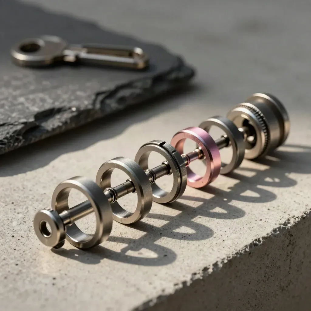 Machined rings and precision clips linked on concrete with a soft pink accent.