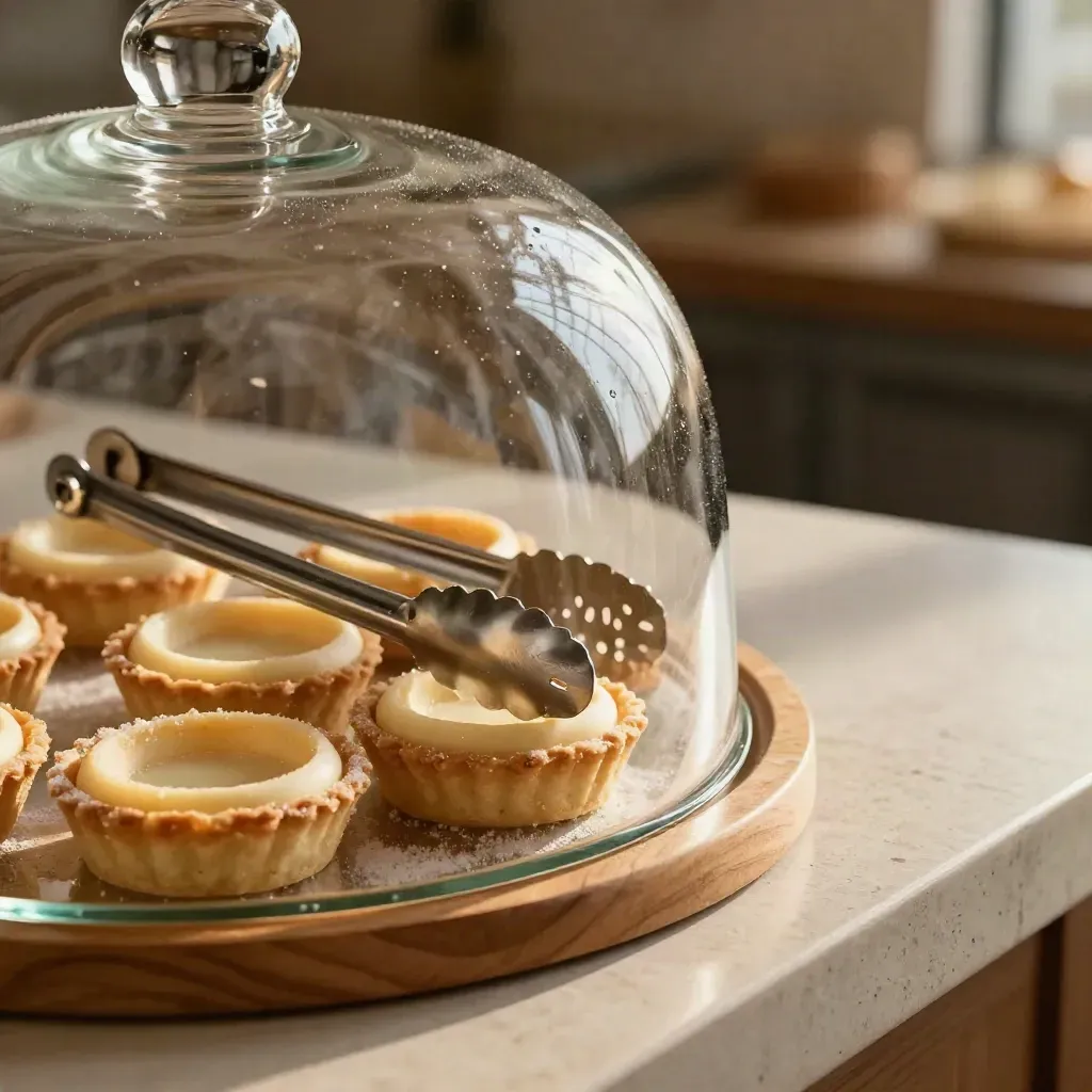 Glass cake dome with pastry tongs, tart rings, and cream paper trays in a bakery prep scene