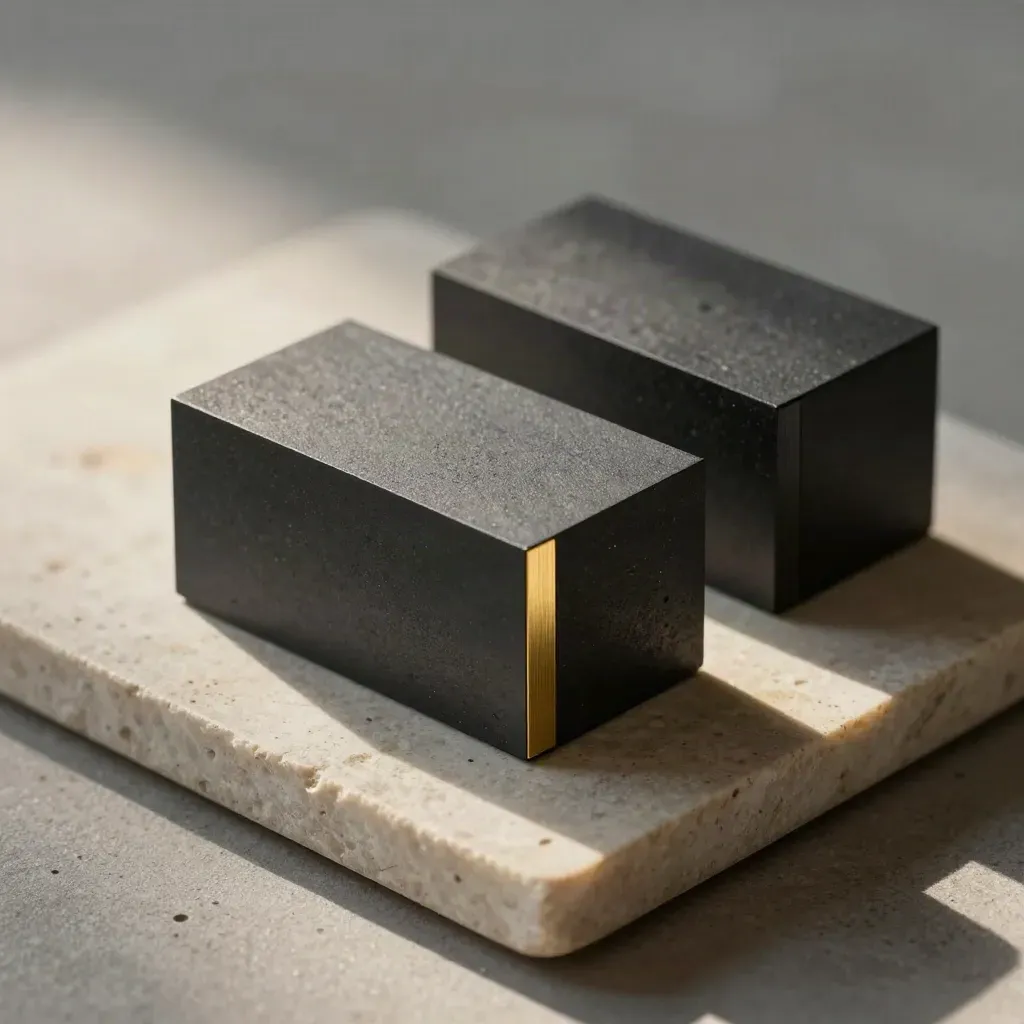 Graphite modular blocks with gold inlay on pale stone, lit by hard side light.