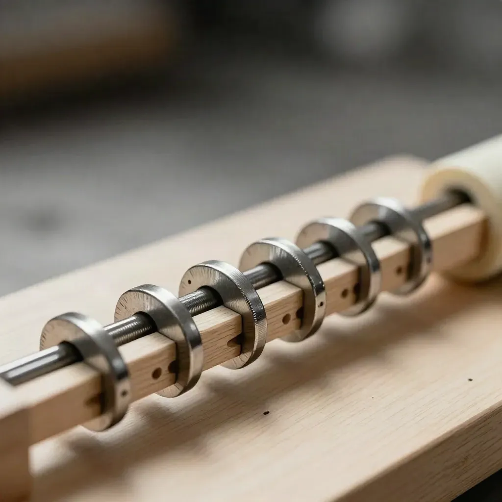 Metal pins and brackets aligned on pale wood with soft directional light