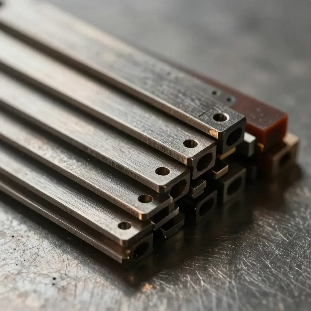 Spring clips and connector blocks clustered on brushed steel with soft directional light.