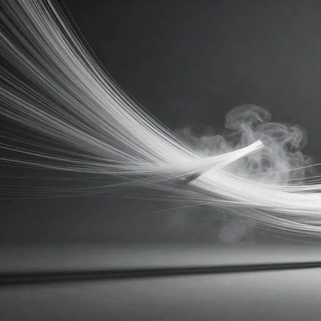 Silver filaments cross into a soft white bloom in dark graphite haze, with drifting motes.